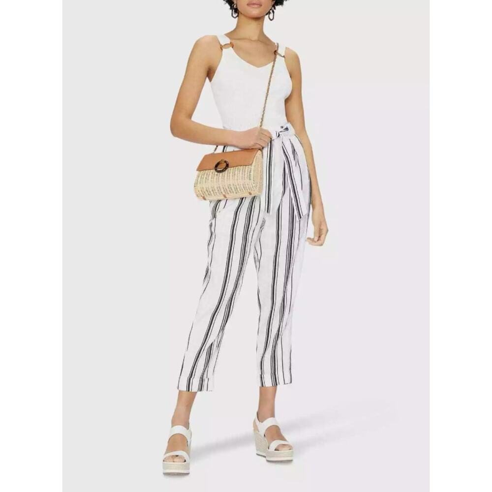 Ted Baker London Linen Asherr Tapered Trouser Pants Size 3 White Striped - Picture 2 of 16